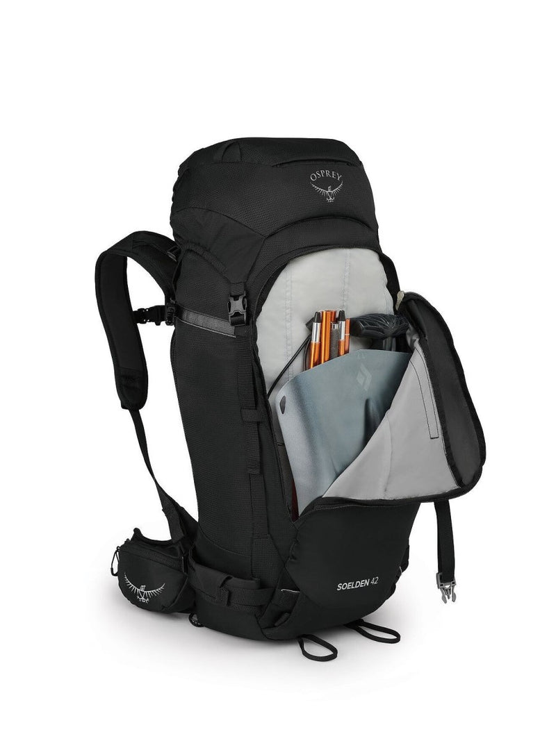 Osprey Soelden 42 Litre backcountry backpack black open front - The Climbing Shop