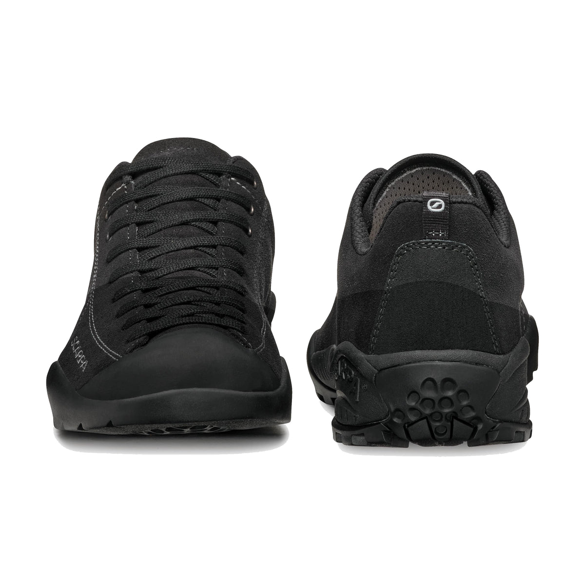 Scarpa Mojito Black approach shoe - heel to toe view - The Climbing Shop