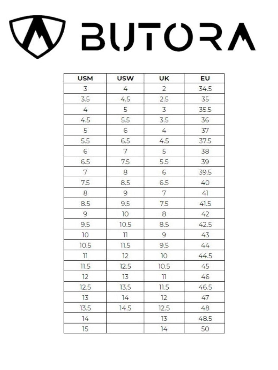 Butora shoe sizing conversion chart - The Climbing Shop