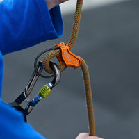 DMM Ceros Belay Screwgate and DMM Mantis orange - in use - The Climbing Shop