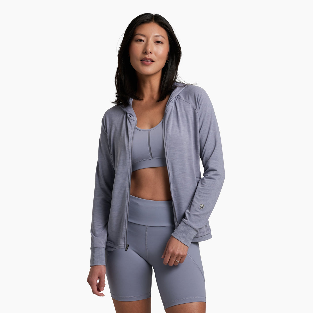 Kuhl Inspira Women's Full Zip Hoody Violet Haze - front view with full zip open - The Climbing Shop