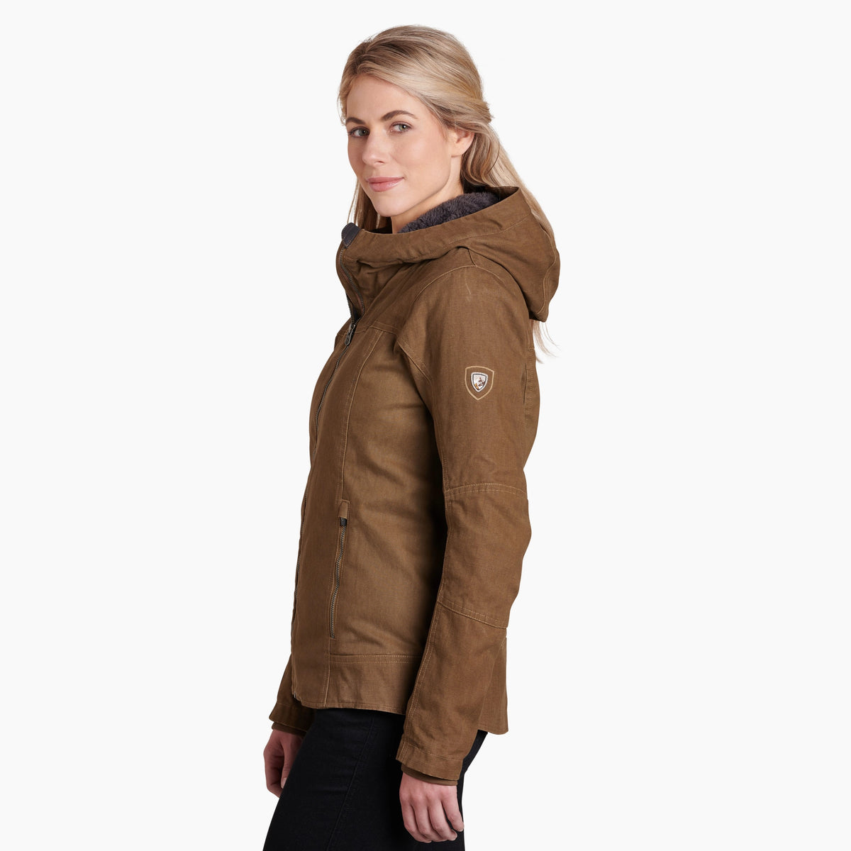 Kuhl Law Lined Hooded Women's Jacket Dark Khaki - side view - The Climbing Shop