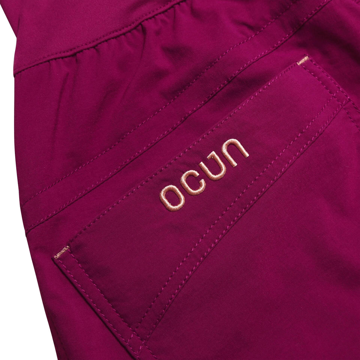 Ocun Noya Climbing | Bouldering Short Wine Rhodoendron - close up of embroided rear pocket - The Climbing Shop