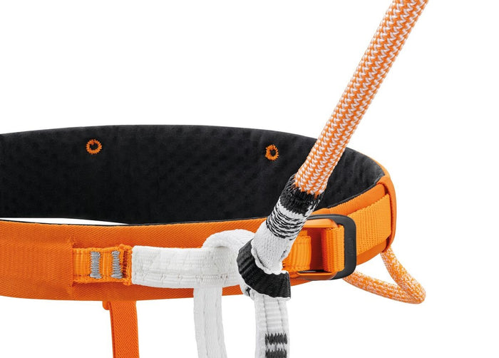 Petzl Connect Adjust single person anchor - close up of new tape loop girth hitched to belay loop - The Climbing Shop