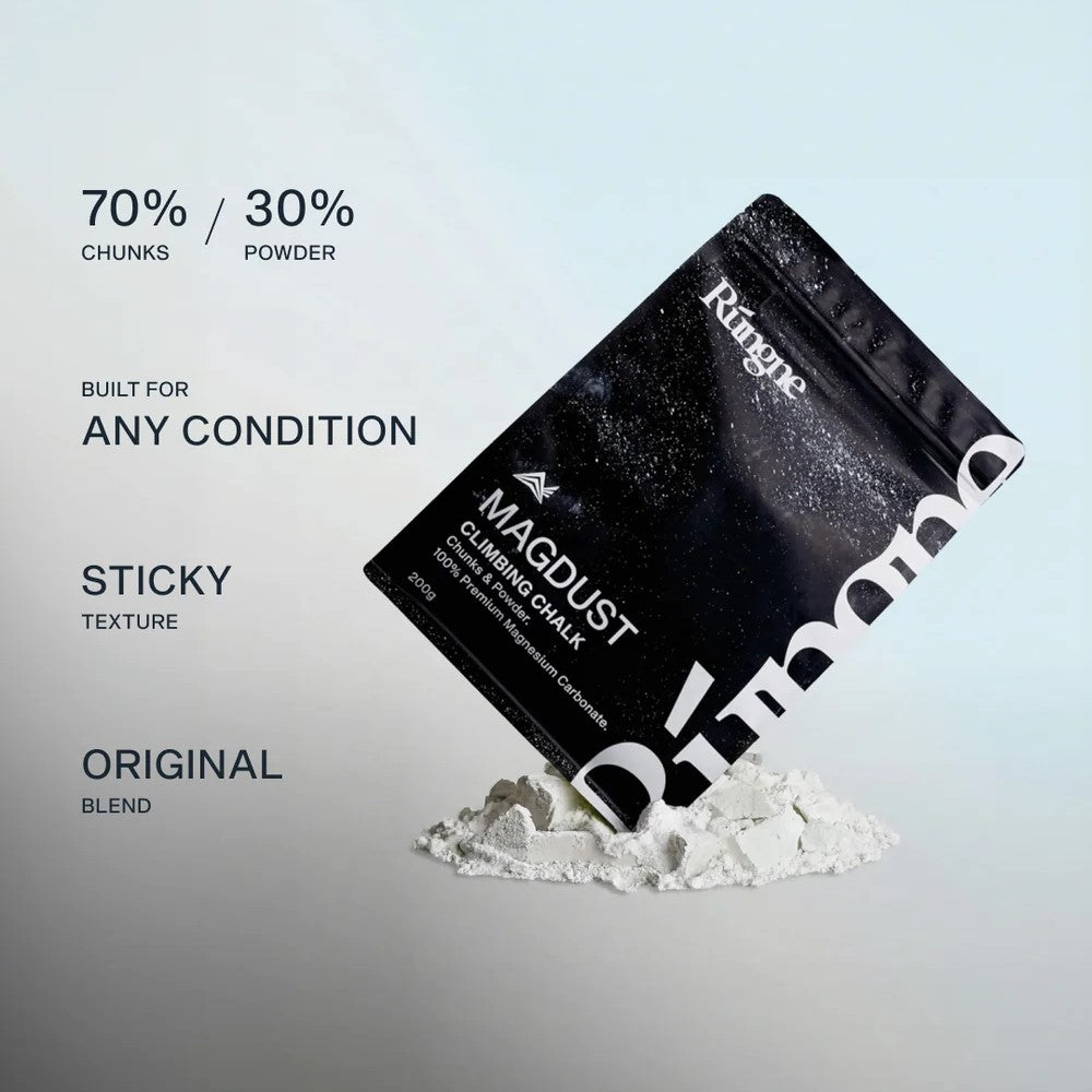 Rungne Magdust premium climbing chalk 200g - with product features - The Climbing Shop