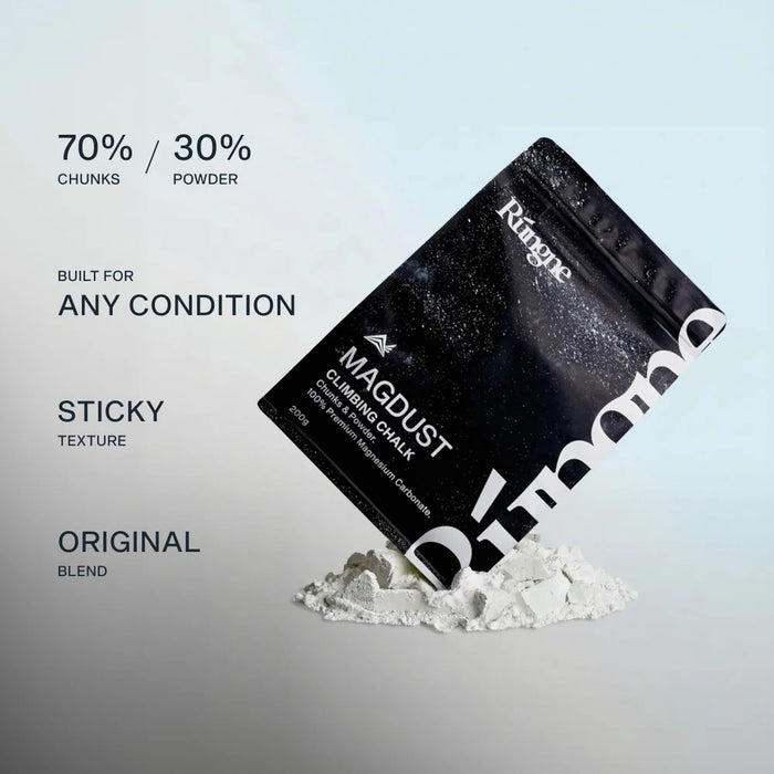 Rungne Magdust premium climbing chalk 200g - with product features - The Climbing Shop